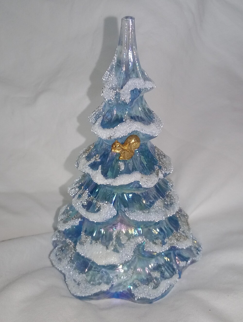 Vintage Fenton Blue Iridescent Glass Christmas Tree With Squirrel 4" Tall